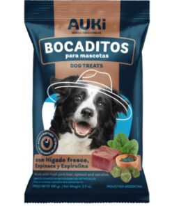 SNACK NATURAL AUKI BOCADITOS HIGADO  ESPINACA  Y  ESPIRULINA  PARA PERRO X 100 GRS